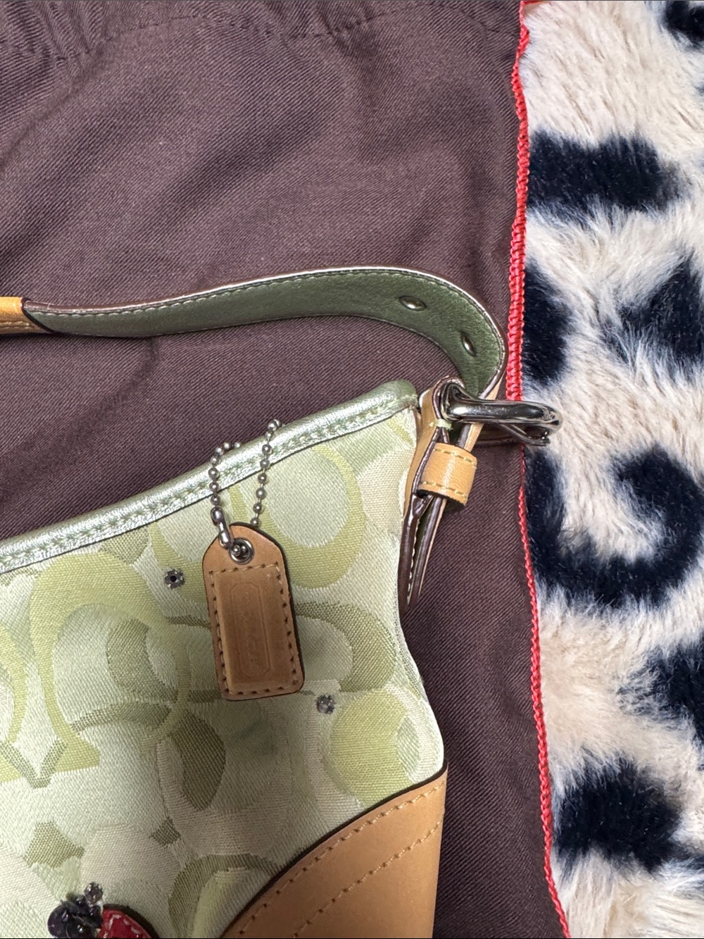 Vintage Coach Green Signature Canvas & Tan Leather Shoulder Bag with Ladybugs - Picture 9 of 9